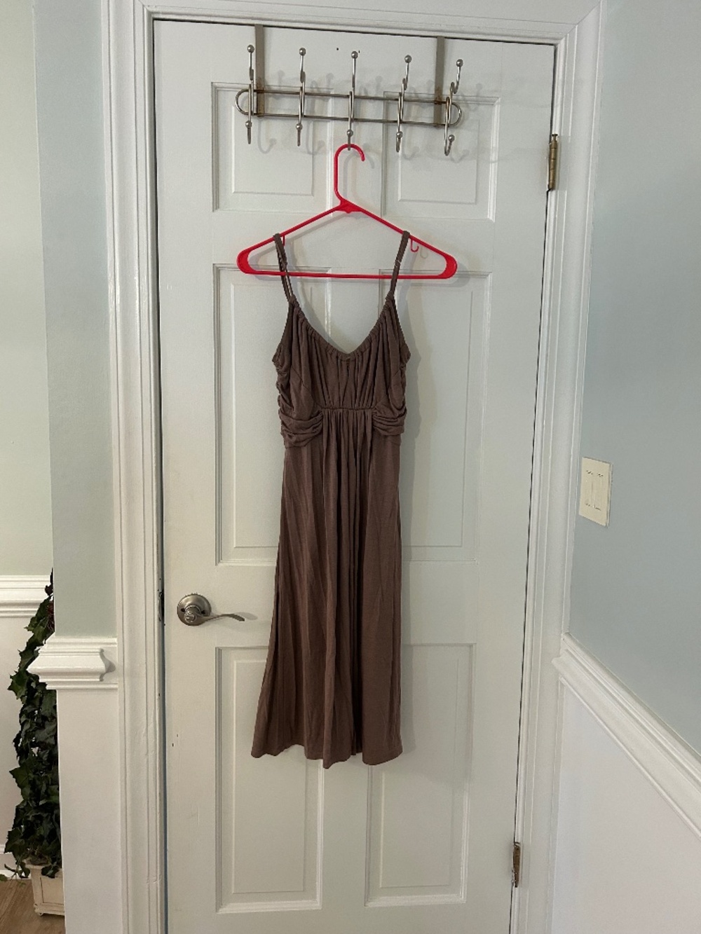 Brown Mocha Ruched Empire Waist Maxi Dress Spaghetti Strap S